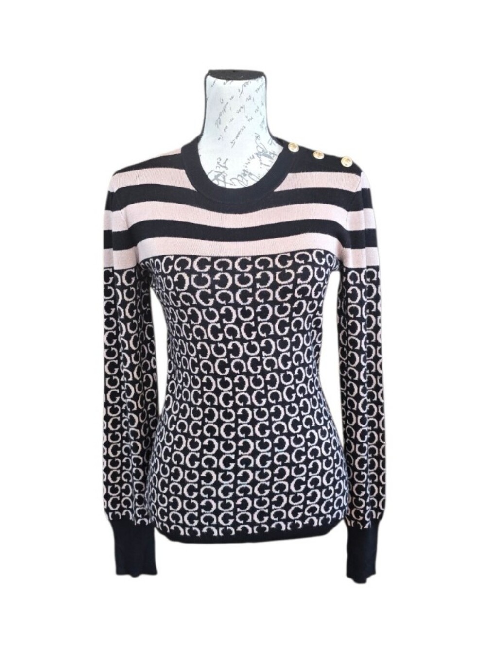 Guess Black Tan Logo Print Long Sleeve Sweater L